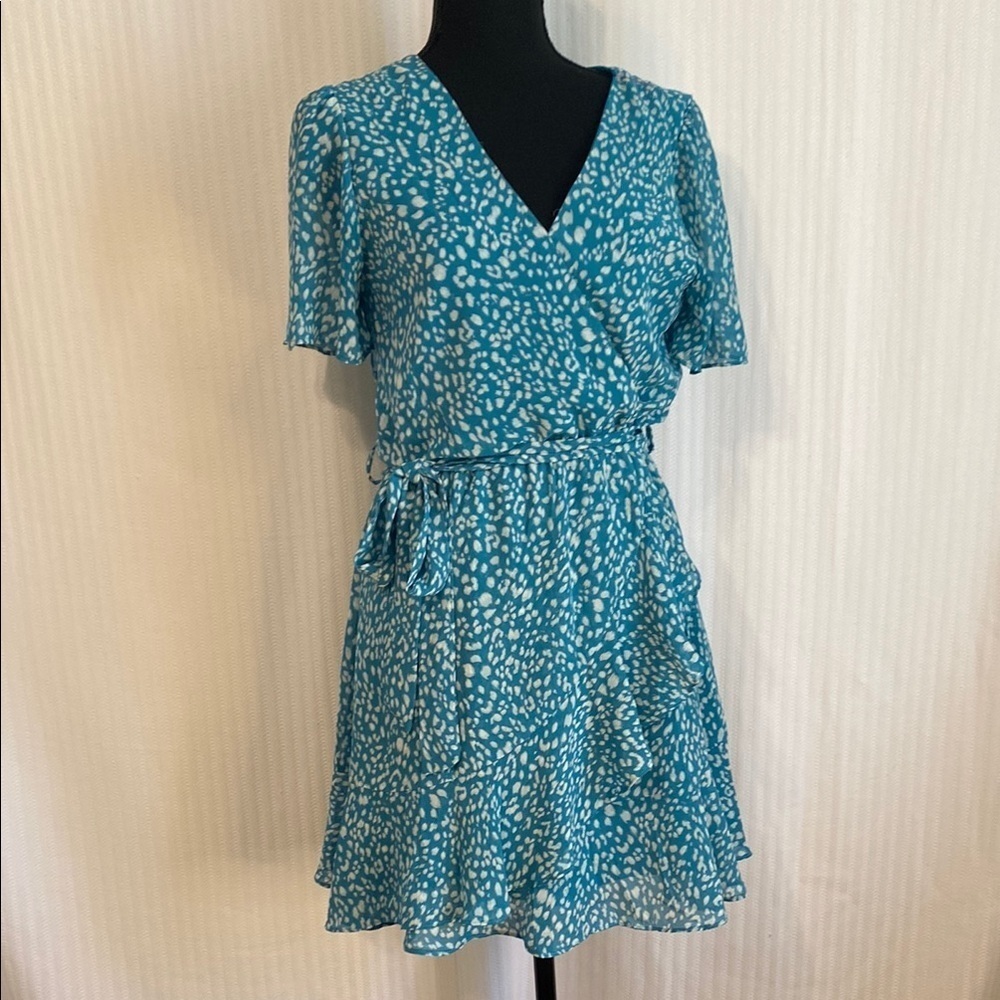 Romantic Flowy Dress Turquoise Blue and White Ruffled Brunch V-Neck Dress Small - Picture 3 of 10